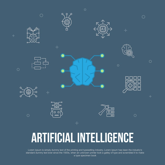 Concept plat d'interface utilisateur à la mode de l'intelligence artificielle avec des icônes de ligne simples. Contient des éléments tels que l'apprentissage automatique, l'algorithme, l'apprentissage en profondeur, le réseau neuronal, etc.