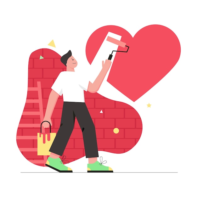 Concept Plat Moderne De Célébration De La Saint-valentin. Un Homme Aimant Peint Un énorme Coeur Rouge Sur Le Mur Pour Sa Petite Amie. Déclaration D'amour En Vacances. Illustration Vectorielle Avec Scène De Personnes Pour La Conception De Bannières Web