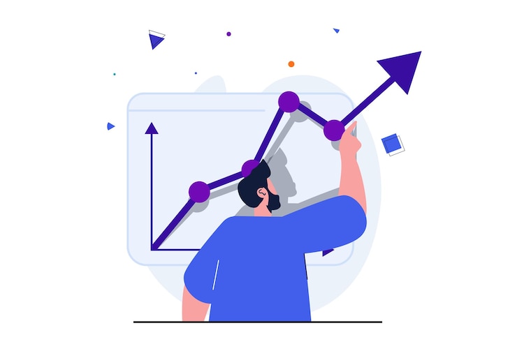Vecteur concept plat moderne de croissance des entreprises pour la conception de bannières web homme d'affaires analyse la croissance des données financières