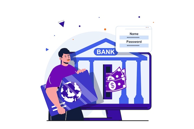 Concept Plat Moderne De Services Bancaires Mobiles Pour La Conception De Bannières Web Client Homme Utilisant Une Carte De Crédit