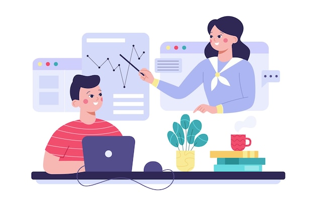 Vecteur concept de plate-forme d'apprentissage en ligne et d'apprentissage à distance étudiant apprenant sur ordinateur portable enseignant ou tuteur sur écran