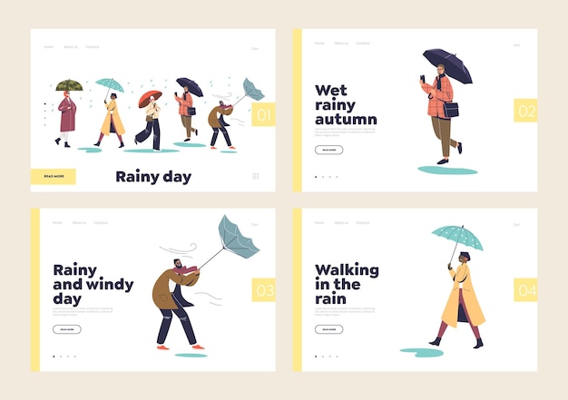 Concept De Pluie D'automne De Pages De Destination Avec Des Gens Marchant Sous Des Parapluies Par Temps Froid Et Pluvieux