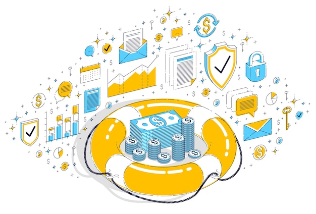 Concept De Police D'assurance, Bouée De Sauvetage Avec Pile De Dollars En Argent Comptant Et Pièces Isolées Sur Fond Blanc. Illustration De Finance Vectorielle 3d Isométrique Avec Icônes, Graphiques De Statistiques Et éléments De Conception.