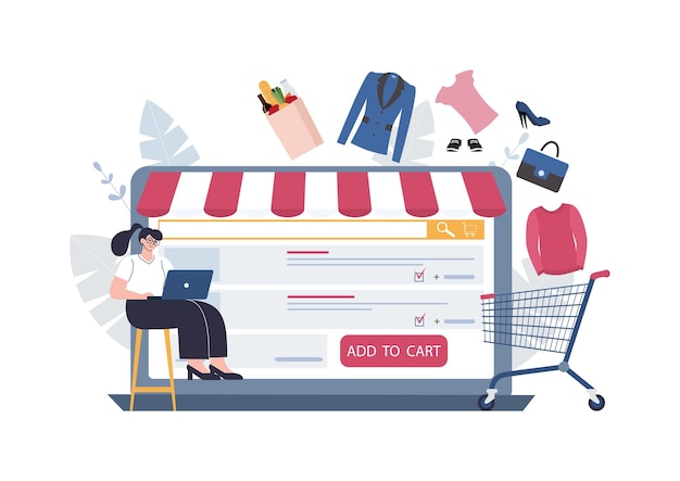 Vecteur concept pour une boutique en ligne une femme fait divers achats qui finissent dans un panier