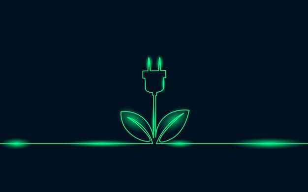 Concept de prise d'énergie au néon vert d'art en ligne continue. Alimentation électrique rechargeable de stockage d'énergie durable. Charge de la batterie éco solution mondiale de la planète. Illustration de croquis de dessin à la main.