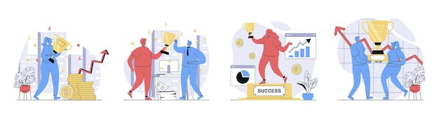 Concept de prix d'entreprise défini en design plat pour le web Collection avec des personnes travaillant ensemble et atteignant des objectifs de carrière célébrant gagner obtenir la coupe du trophée d'or et augmenter les bénéfices Illustrations vectorielles