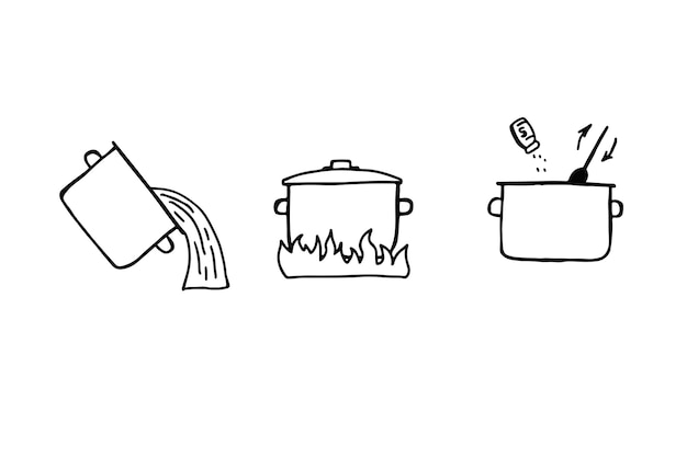 Concept De Procédure De Préparation De Pâtes Ou De Nouilles Dans De L'eau Bouillante Et Une Cuisine Saine Conception D'art Graphique De Logo De Style Trait Plat Isolée Sur Fond