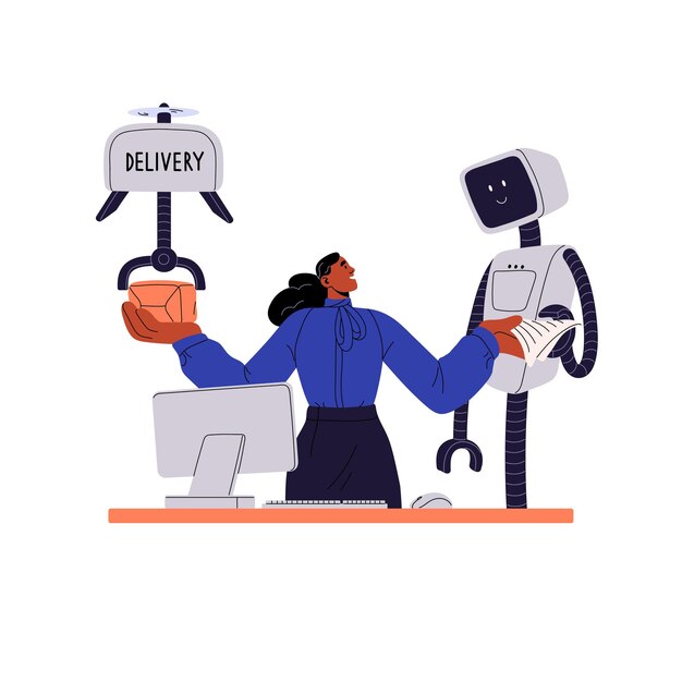 Concept de processus commerciaux Service de livraison en ligne L'employé envoie des colis par un robot coursier bot Partenariat avec la technologie moderne Illustration vectorielle isolée plate sur fond blanc