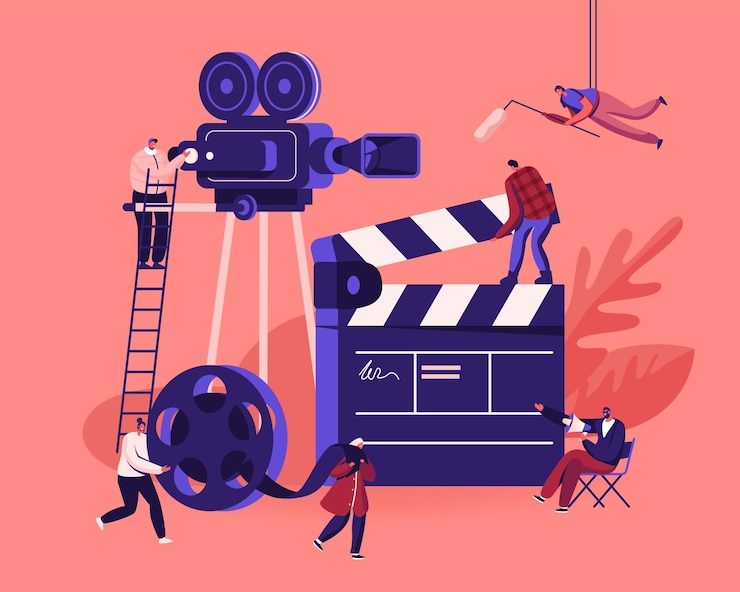 Vecteur concept de processus de création de film. opérateur utilisant la caméra et le personnel avec un équipement professionnel film d'enregistrement avec des acteurs. illustration plate de dessin animé
