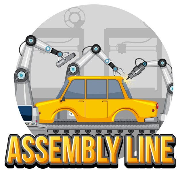 Vecteur concept de processus de production avec conception de bannière de ligne d'assemblage