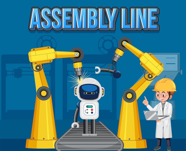 Vecteur concept de processus de production avec conception de bannière de ligne d'assemblage