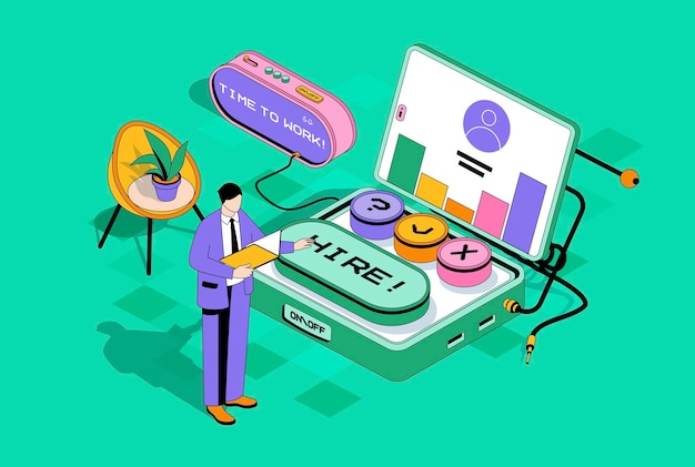 Concept de processus RH en conception isométrique 3d Homme choisissant le curriculum vitae en ligne des meilleurs candidats et candidats lors de l'entretien Ressources humaines Illustration d'isométrie vectorielle avec scène de personnes pour le graphique Web