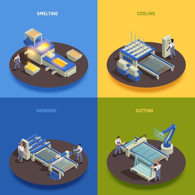 Concept de production de verre moderne 4 compositions isométriques carrées avec processus de coupe de meulage de refroidissement de fonte