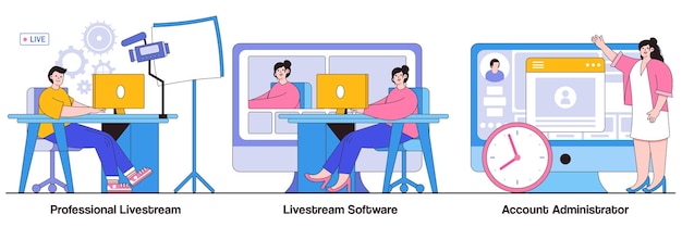 Concept Professionnel De Livestream, De Logiciel Et D'administrateur De Compte Avec De Petites Personnes. Ensemble D'illustrations Vectorielles D'événements En Direct En Ligne. Service De Diffusion, Gestionnaire De Flux, Passez En Direct Dans Une Métaphore En Temps Réel.