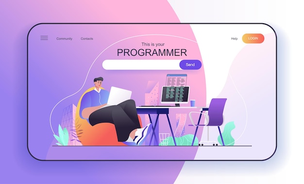 concept de programmeur pour le développeur de la page de destination travaille sur un ordinateur portable écrit du code sur un ordinateur