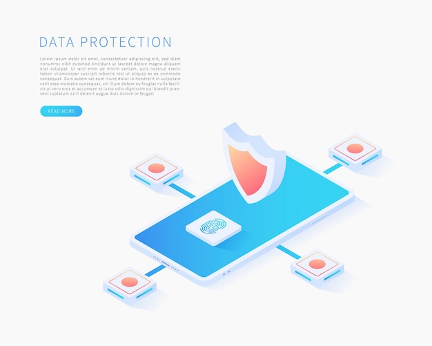 Concept De Protection Des Données Scannez Les Empreintes Digitales Et Le Système D'identification Isométrique Vectorielle Avec Smartphone Et Panneaux De Sécurité Illustration Vectorielle