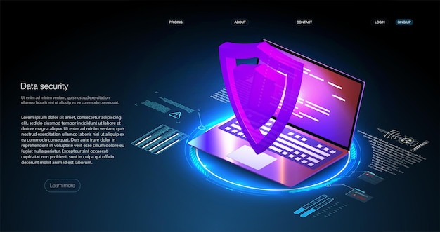 Concept de protection des données de sécurité sur ordinateur portable bleu. Mécanisme de protection numérique isométrique, confidentialité du système. Serrure numérique. Gestion de données. Cybersécurité et protection de l'information ou du réseau.