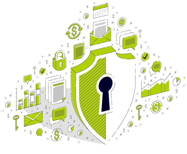 Concept De Protection Des Finances, Sécurité Financière, Bouée De Sauvetage Et Bouclier Isolé Sur Fond Blanc. Vector Illustration D'entreprise Isométrique 3d Avec Des Icônes, Des Graphiques De Statistiques Et Des éléments De Conception.
