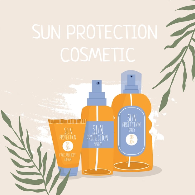 Le Concept De Protection Solaire Bannière Avec Des Cosmétiques De Protection Solaire Feuilles De Palmier Et Arrière-plan Abstrait Illustration Tendance Pour L'impression Et Internet