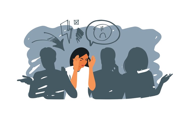 Concept de psychologie de la phobie sociale des troubles anxieux Une jeune fille triste entourée de silhouettes de personnes se sent seule dans la société Illustration vectorielle