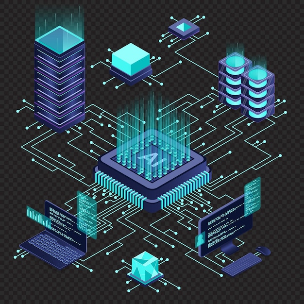 Le concept de puce d'intelligence artificielle isométrique Le serveur d'Intelligence artificielle Le processeur de micropuce futuriste L'informatique en nuage isométhique
