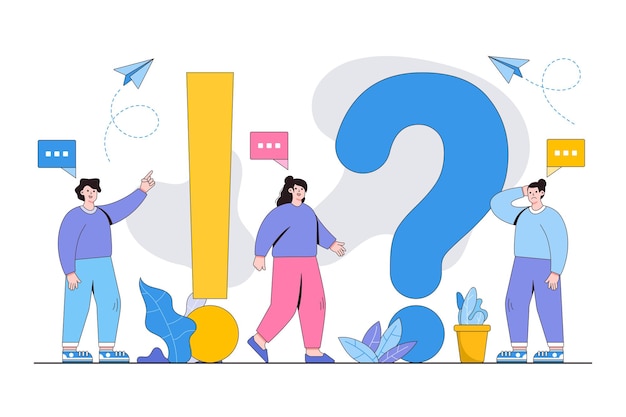 Concept de questions fréquemment posées Jeune femme et homme avec question et réponse Personnages de personnes debout près des exclamations et des points d'interrogation Illustration vectorielle moderne dans un style plat