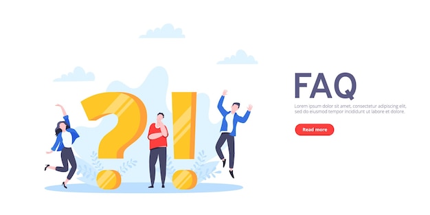 Concept de questions et réponses ou de FAQ avec de minuscules personnages, une grande question et un point d'exclamation fréquemment