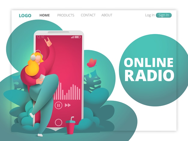 Concept De Radio En Ligne Sur Internet. Personnage De La Fille Dans Les écouteurs.