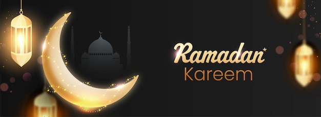 Concept de Ramadan Kareem avec croissant de lune doré brillant et lanternes allumées accrocher sur fond de mosquée silhouette noire.