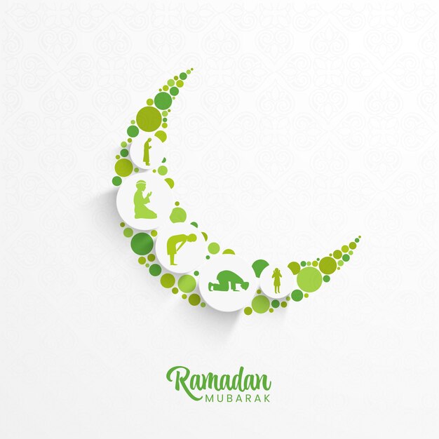 Concept De Ramadan Moubarak Avec Croissant De Lune Créatif Et Silhouette Hommes Islamiques Priant Dans Différentes Poses Sur Fond Blanc Arabe Ou S'épanouir