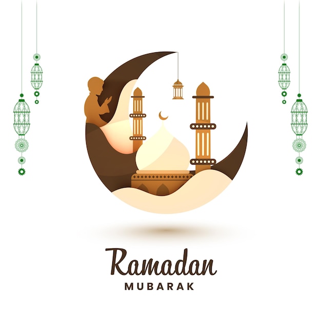 Concept de Ramadan Mubarak avec lampes suspendues de mosquée de croissant de lune et silhouette garçon islamique priant sur fond blanc