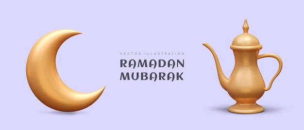 Le concept de Ramadan Mubarak La lune réaliste et la bouilloire dorée Célébration de la fête islamique