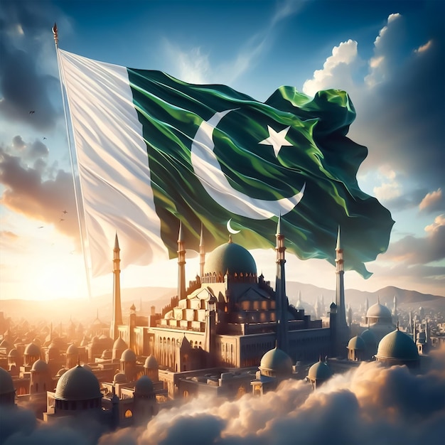 Vecteur concept réaliste du drapeau pakistanais agitant dans le ciel le jour du pakistan