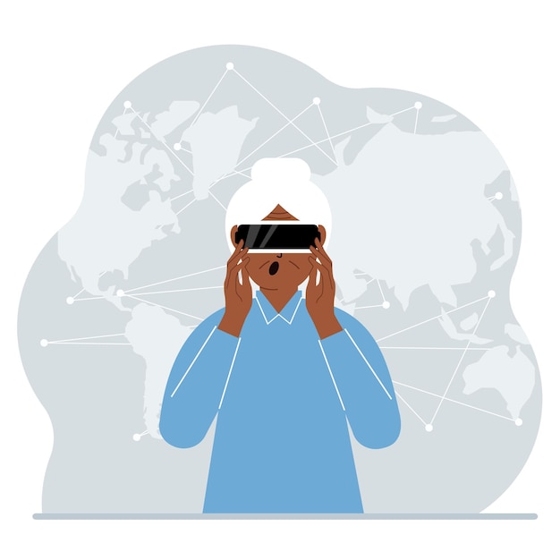 Le Concept De Réalité Augmentée Ou étendue. Grand-mère Portant Des Lunettes 3d Ou Un Casque De Réalité Virtuelle. Sur Le Fond De La Carte Du Monde. Illustration Plate Vectorielle