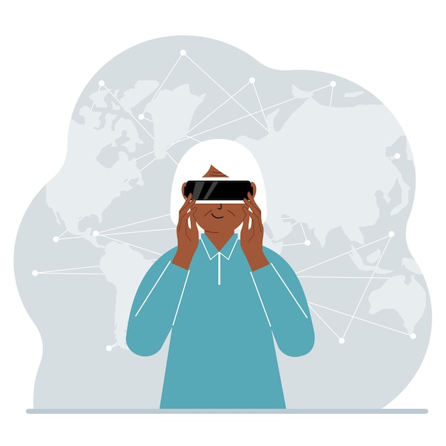 Vecteur le concept de réalité augmentée ou étendue. grand-mère portant des lunettes 3d ou un casque de réalité virtuelle. sur le fond de la carte du monde. illustration plate vectorielle