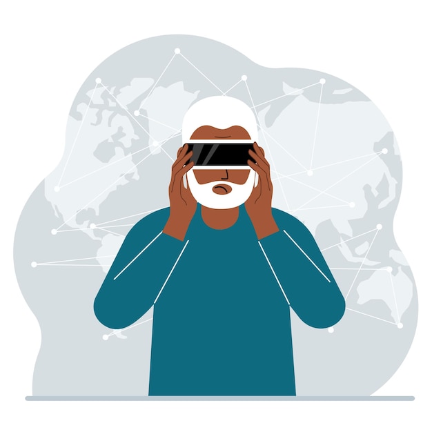 Le Concept De Réalité Augmentée Ou étendue. Homme Portant Des Lunettes 3d Ou Un Casque De Réalité Virtuelle. Sur Le Fond De La Carte Du Monde. Illustration Plate Vectorielle