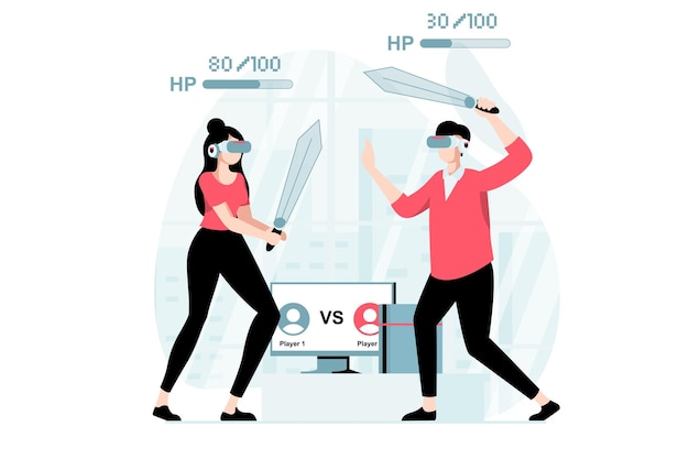 Concept de réalité virtuelle avec scène de personnes au design plat Homme et femme dans des lunettes VR jouent à un jeu avec réalité augmentée et se battent avec des épées Illustration vectorielle avec situation de personnage pour le web