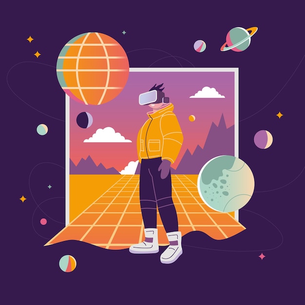 Vecteur concept de réalité virtuelle technologie métaverse style de dessin animé garçon en lunettes vr sur fond avec des planètes spatiales et des étoiles futurisme rétro illustration vectorielle moderne à la mode design plat dessiné à la main