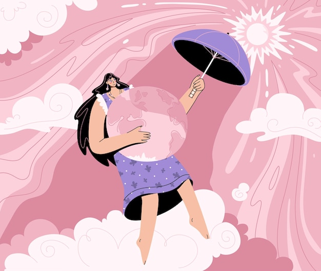 Concept De Réchauffement Climatique Et De Changement Climatique. Femme écologique Couvrant La Planète Avec Un Parapluie De Soleil Brûlant.
