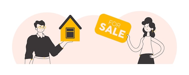 Vecteur le concept de recherche d'achat et de vente d'immobilier équipe d'agent immobilier illustration vectorielle de style linéaire à la mode