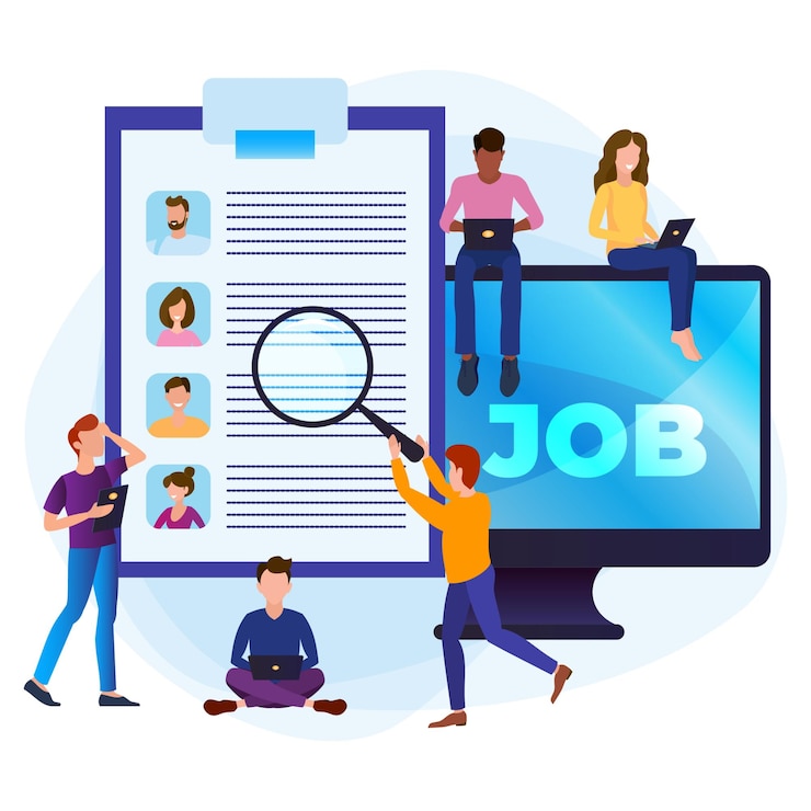 Vecteur concept de recherche d'emploi en ligne un groupe de personnes recherche un emploi sélection de cv et d'entretiens via internet