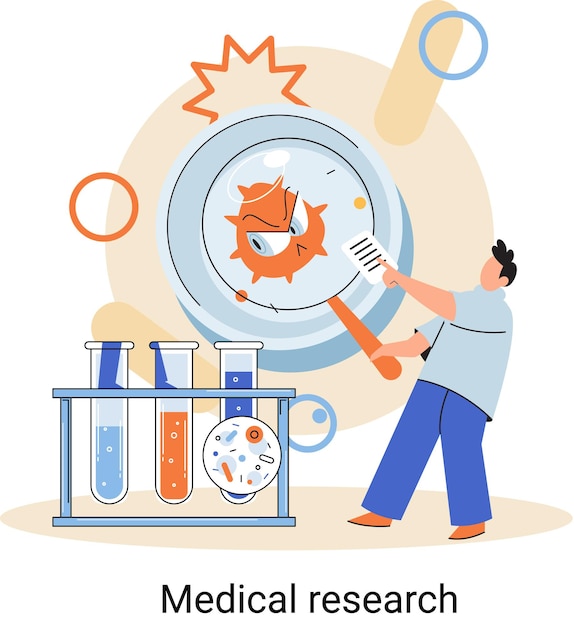 Vecteur concept de recherche médicale un virologue scientifique lutte contre les virus en laboratoire tenant une loupe et un vaccin dans un tube développement complet de la médecine antivirus enquête pharmaceutique en laboratoire