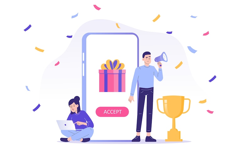 Vecteur concept de récompense en ligne avec les gens reçoivent un coffret cadeau de l'application smartphone