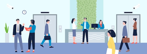 Concept de reconnaissance faciale Salle de bureau avec contrôle futur système automatisé d'identification des personnes Accessibilité technologies intelligentes pour la sécurité caméra de sécurité scène vectorielle récente
