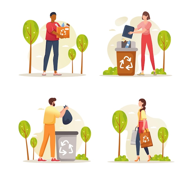 Concept De Recyclage Des Déchets Avec Scène De Personnes Hommes Et Femmes Rassemblant Le Tri Des Déchets