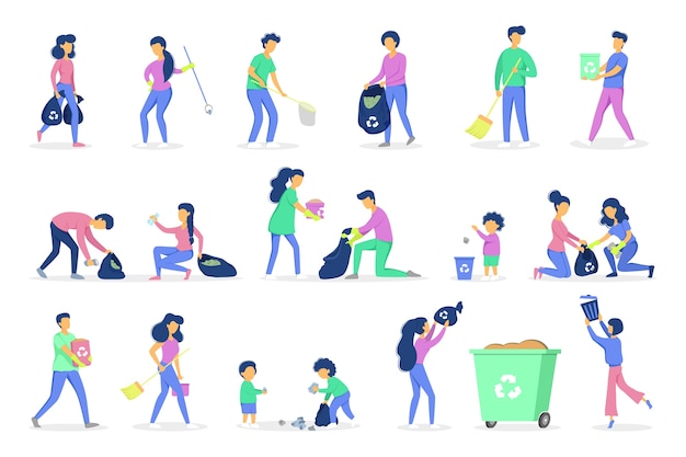 Concept de recyclage. Écologie et protection de l'environnement. Idée de réutilisation des ordures. Volontaires ramassant et triant le papier et les déchets plastiques. Collecte des ordures en famille. illustration