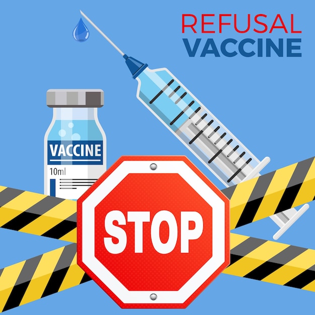 Concept De Refus De Vaccination Avec Icône D'arrêt De Signe Seringue Médicale En Plastique Et Vaccin En Flacon Dans Un Style Plat, Concept D'arrêt De Vaccination, Injection. Illustration Vectorielle Isolée