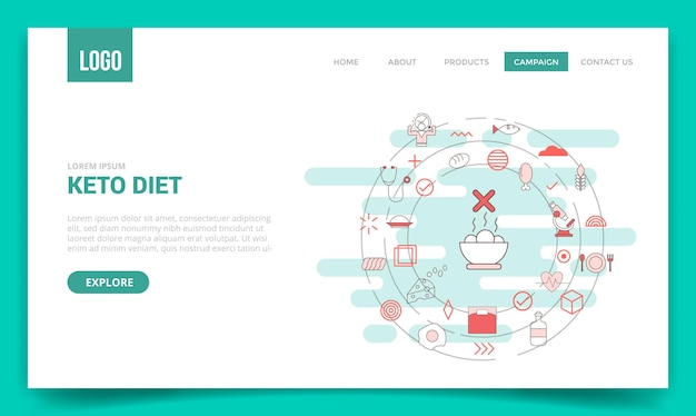 Concept de régime céto avec icône de cercle pour le modèle de site Web ou la page d'accueil de la page de destination