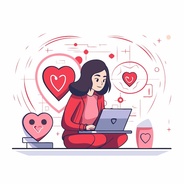 Concept de rencontres en ligne Illustration vectorielle dans un style plat Femme avec un ordinateur portable et un cœur