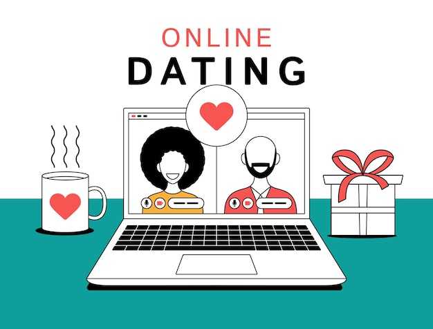 Concept de rencontres en ligne Jeunes gens trouvant des partenaires sur le site de rencontres Couple heureux utilisant un ordinateur pour le chat vidéo en ligne Illustration vectorielle pour le concept de romance amoureuse des médias sociaux